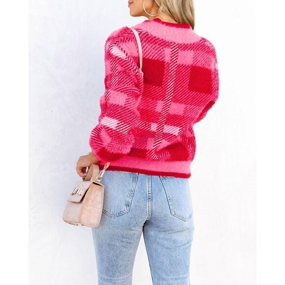 Women's Plaid Knit Cardigan Small Cozy V Neck Button Long Sleeve Fall - Picture 4 of 5